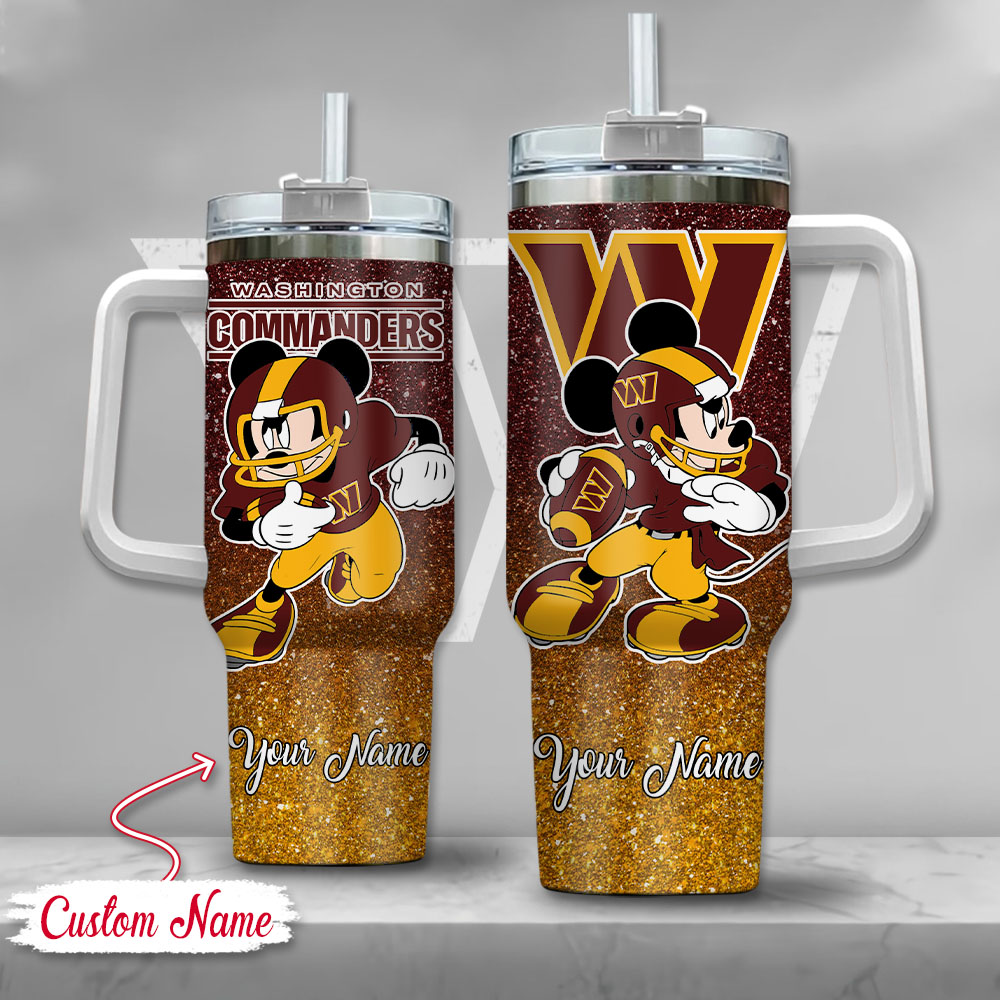 Washington Commanders NFL Mickey Mouse Glitter Custom Stanley Quencher 40oz Stainless Steel Tumbler With Handle