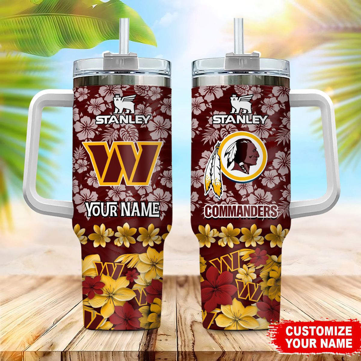 Washington Commanders NFL Tropical Floral Custom Stanley Quencher 40oz Stainless Steel Tumbler With Handle