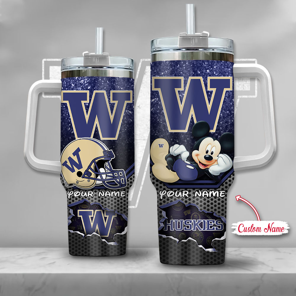 Washington Huskies NCAA Mickey Mouse Custom Stanley Quencher 40oz Stainless Steel Tumbler With Handle