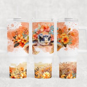 Watercolor Floral Turtle Custom Stanley Quencher 40oz Stainless Steel Tumbler With Handle