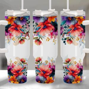 Watercolor Flowers Custom Stanley Quencher 40oz Stainless Steel Tumbler With Handle