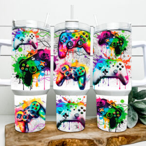 Watercolor Game Controller Custom Stanley Quencher 40oz Stainless Steel Tumbler With Handle