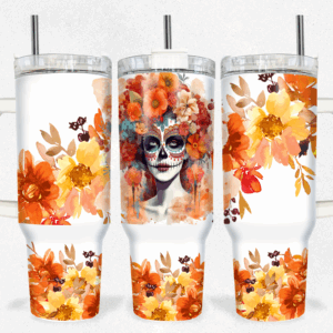 Watercolor Orange Floral Catrina Day Of The Dead Custom Stanley Quencher 40oz Stainless Steel Tumbler With Handle