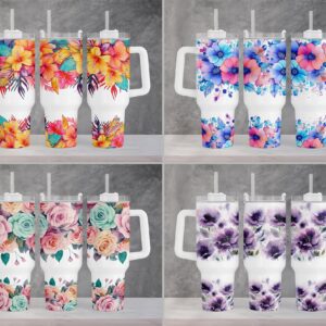 Watercolor Purple Floral Custom Stanley Quencher 40oz Stainless Steel Tumbler With Handle
