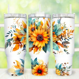 Watercolor Sunflowers Custom Stanley Quencher 40oz Stainless Steel Tumbler With Handle