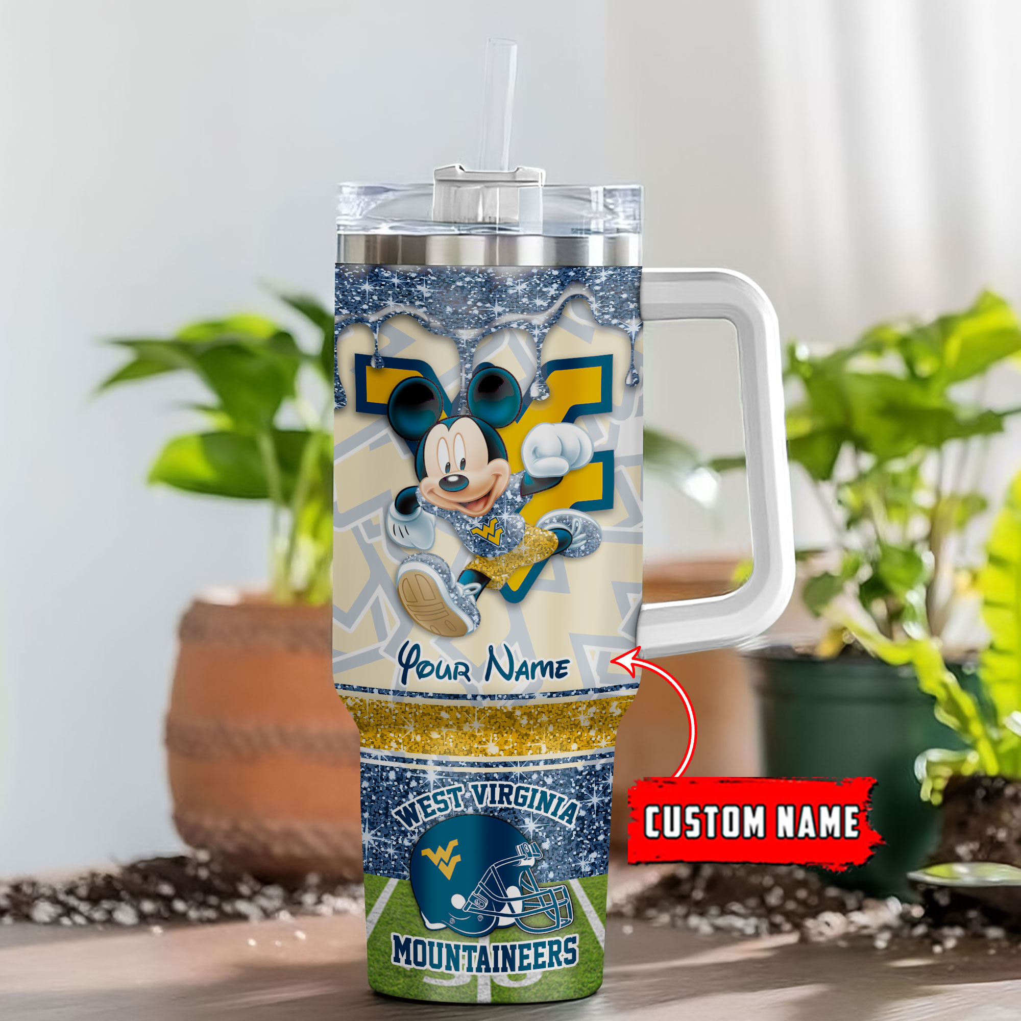 West Virginia Mountaineers NCAA Mickey Mouse Glitter Custom Stanley Quencher 40oz Stainless Steel Tumbler With Handle
