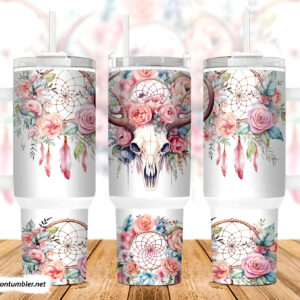 Western Cow Skull Custom Stanley Quencher 40oz Stainless Steel Tumbler With Handle