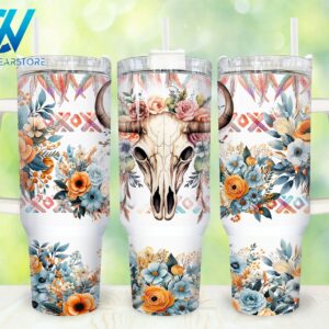 Western Highland Cow Skull Custom Stanley Quencher 40oz Stainless Steel Tumbler With Handle