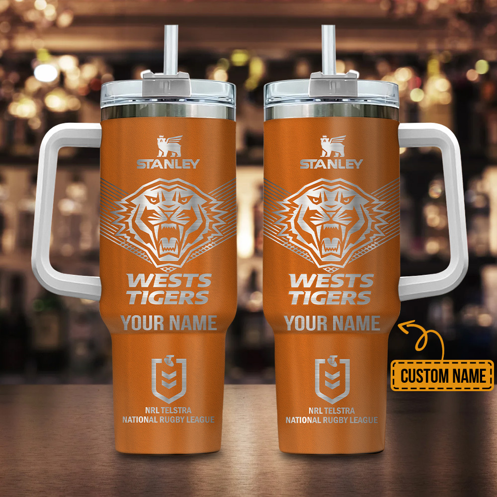 Wests Tigers NRL Custom Stanley Quencher 40oz Stainless Steel Tumbler With Handle