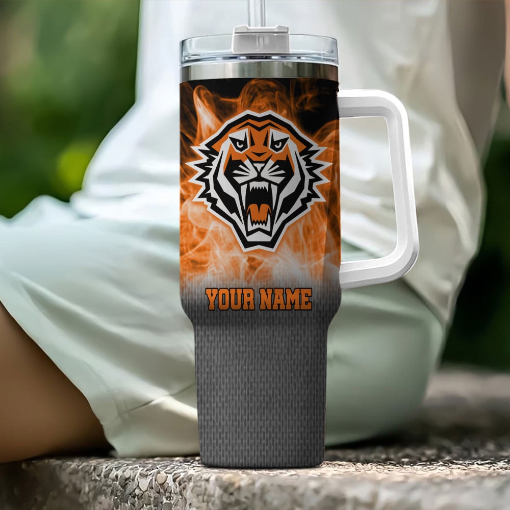 Wests Tigers NRL Flame Effect Custom Stanley Quencher 40oz Stainless Steel Tumbler With Handle
