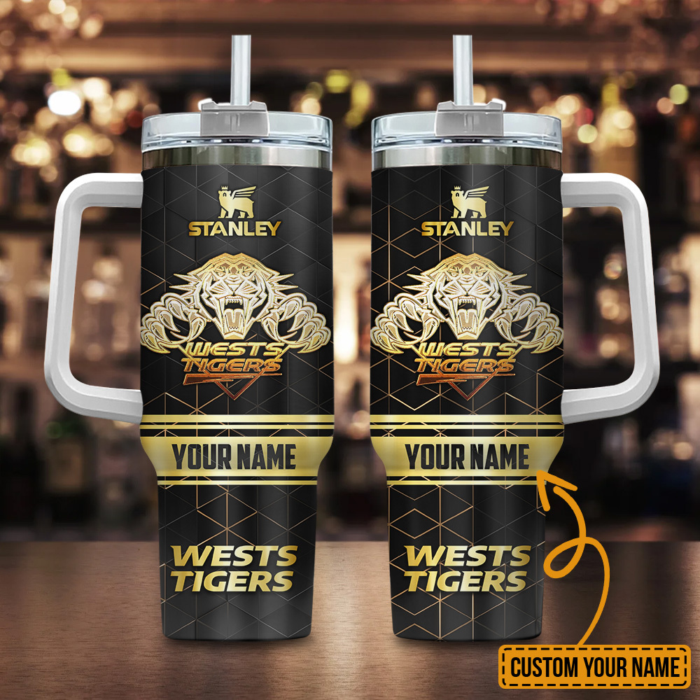 Wests Tigers NRL Golden Logo Custom Stanley Quencher 40oz Stainless Steel Tumbler With Handle