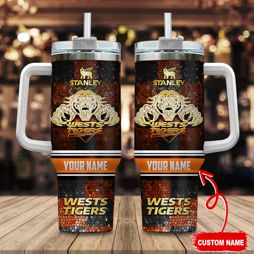 Wests Tigers NRL Golden Logo Stained Glass Effect Custom Stanley Quencher 40oz Stainless Steel Tumbler With Handle