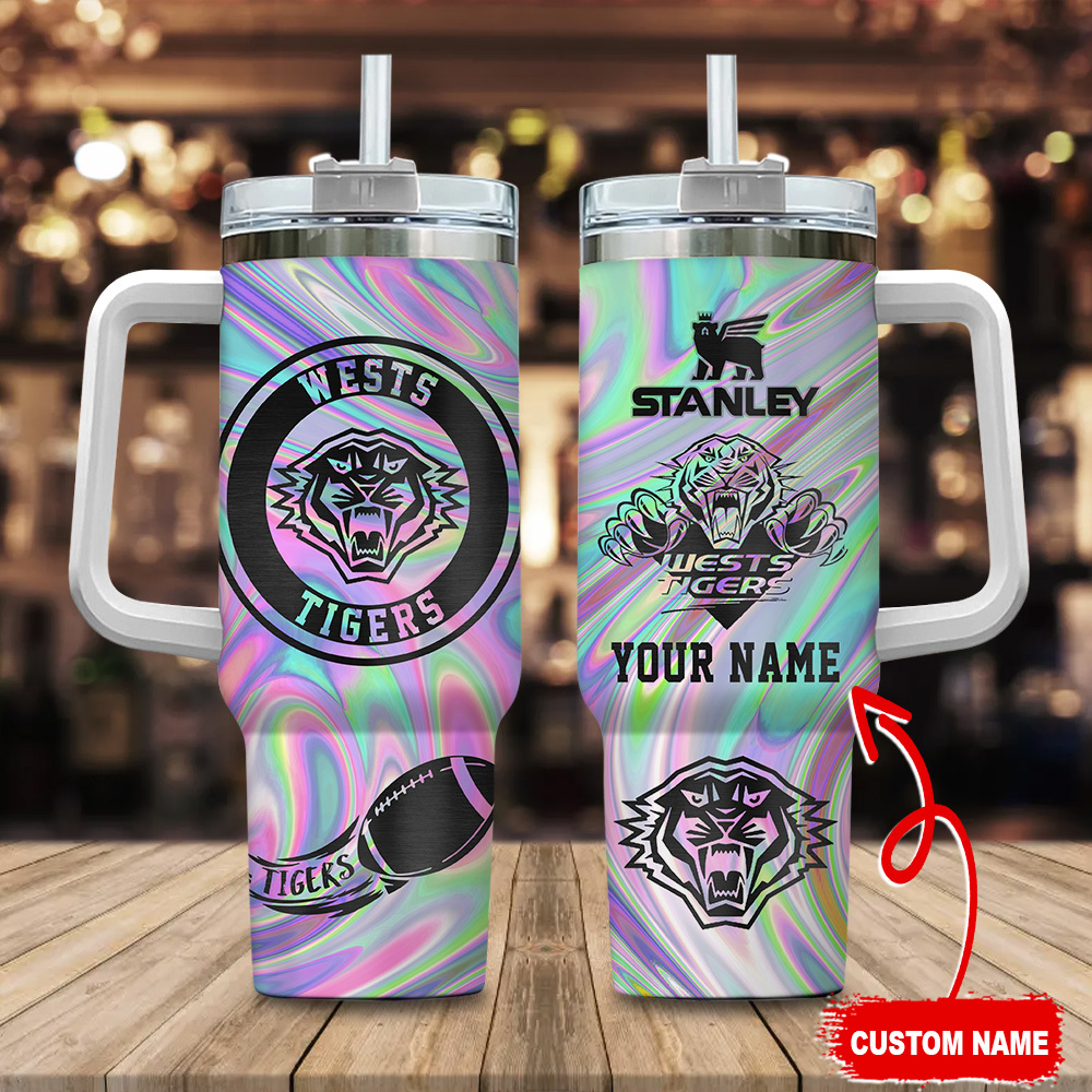 Wests Tigers NRL Hologram Effect Custom Stanley Quencher 40oz Stainless Steel Tumbler With Handle