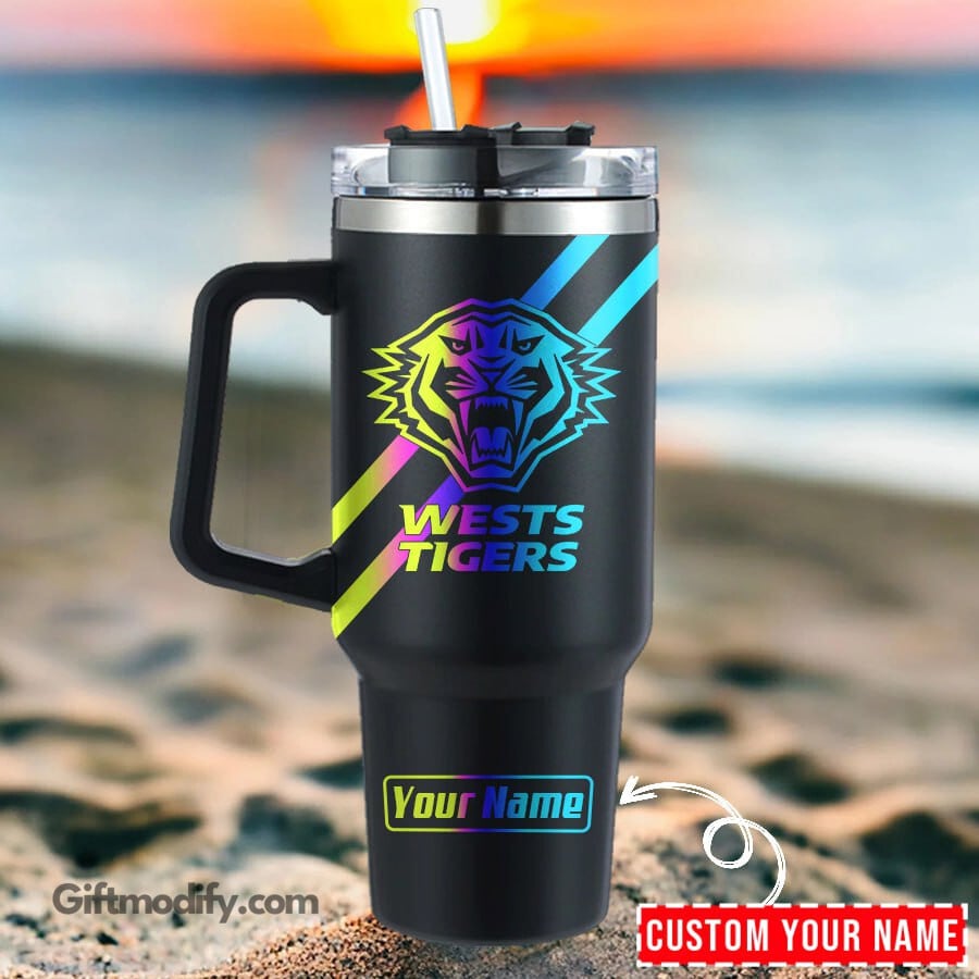 Wests Tigers NRL Hologram Logo Custom Stanley Quencher 40oz Stainless Steel Tumbler With Handle