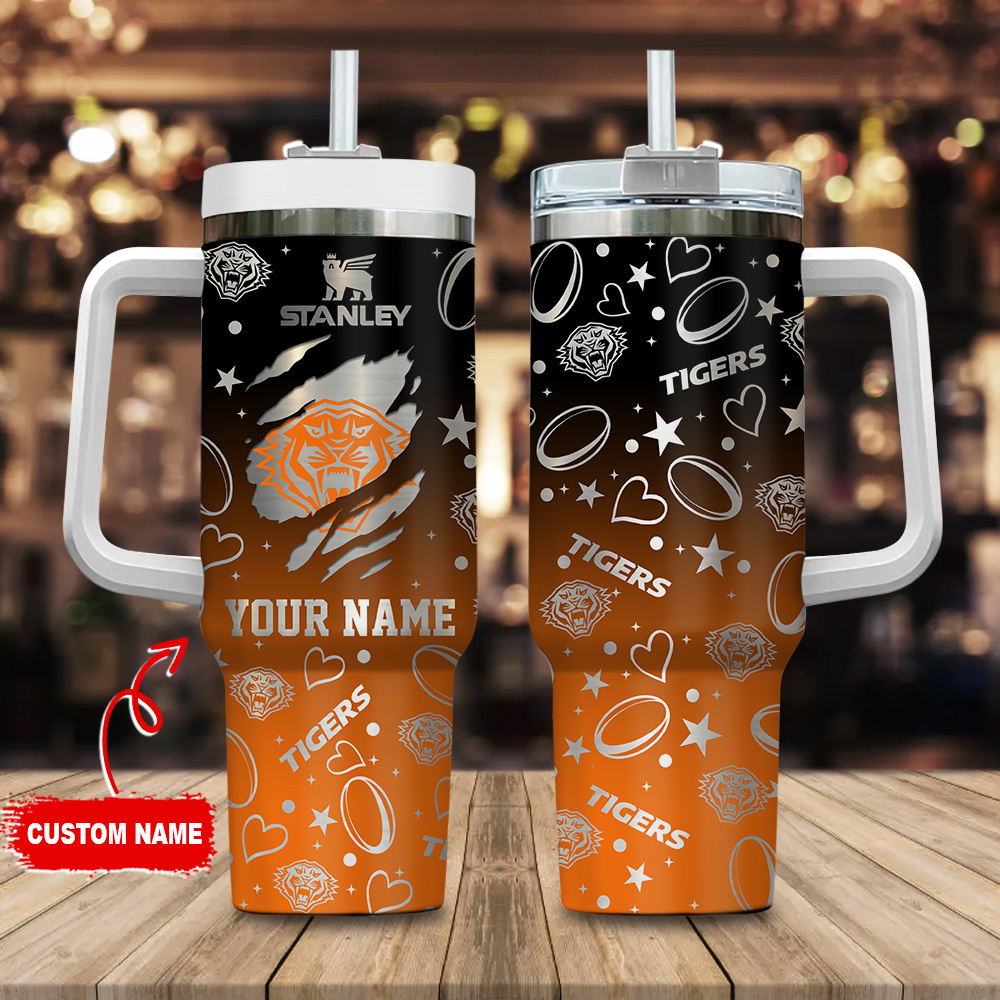 Wests Tigers NRL Silver Logo Custom Stanley Quencher 40oz Stainless Steel Tumbler With Handle