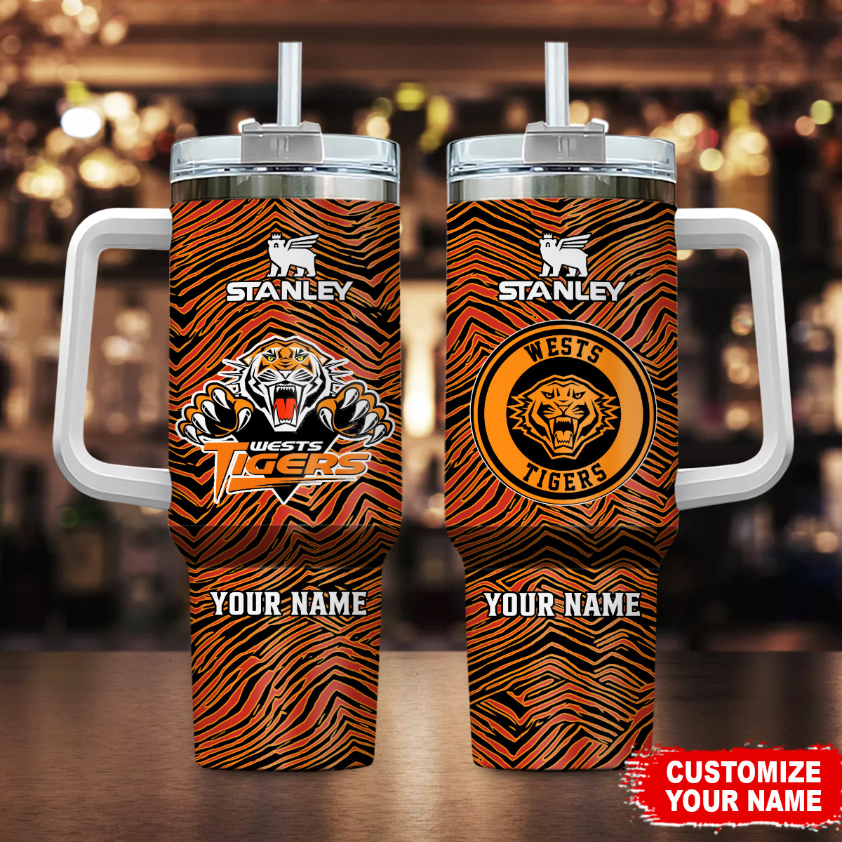 Wests Tigers NRL Zubaz Print Custom Stanley Quencher 40oz Stainless Steel Tumbler With Handle