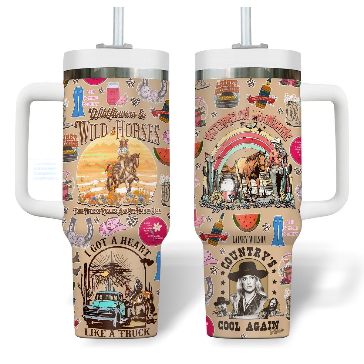 Wildflowers and Wild Horses by Lainey Wilson Music Custom Stanley Quencher 40oz Stainless Steel Tumbler With Handle