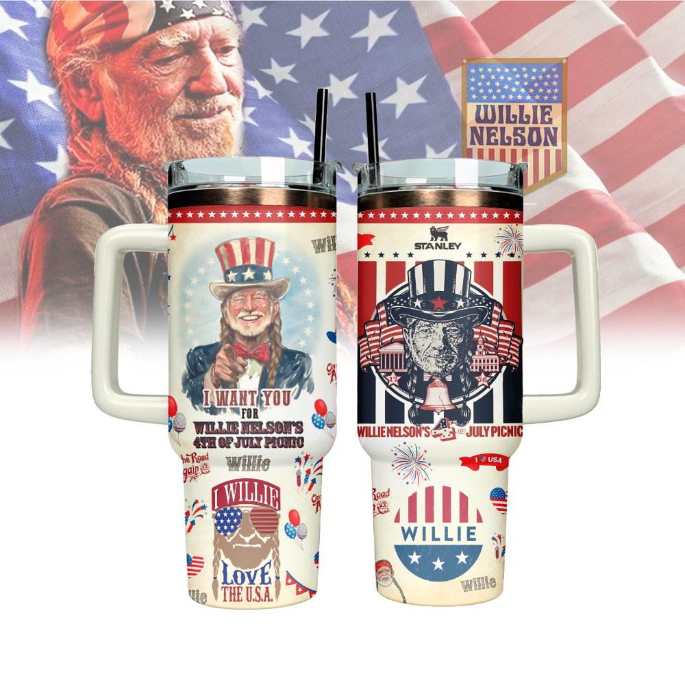 Willie Nelson x Independence Day Custom Stanley Quencher 40oz Stainless Steel Tumbler With Handle
