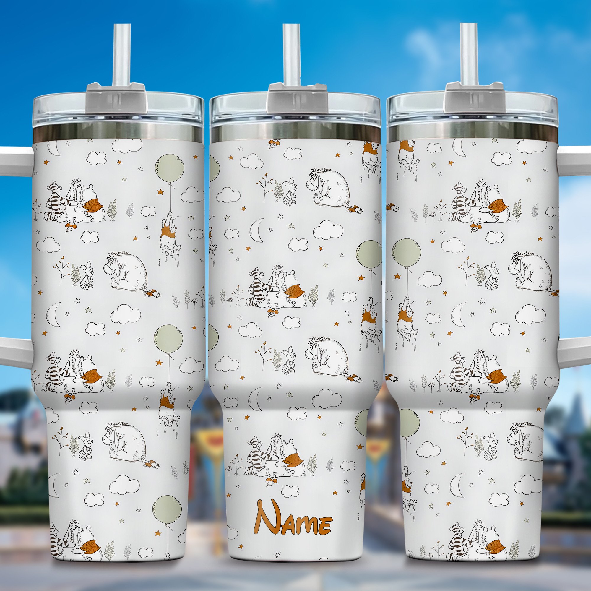 Winnie The Pooh Cartoon Custom Stanley Quencher 40oz Stainless Steel Tumbler With Handle