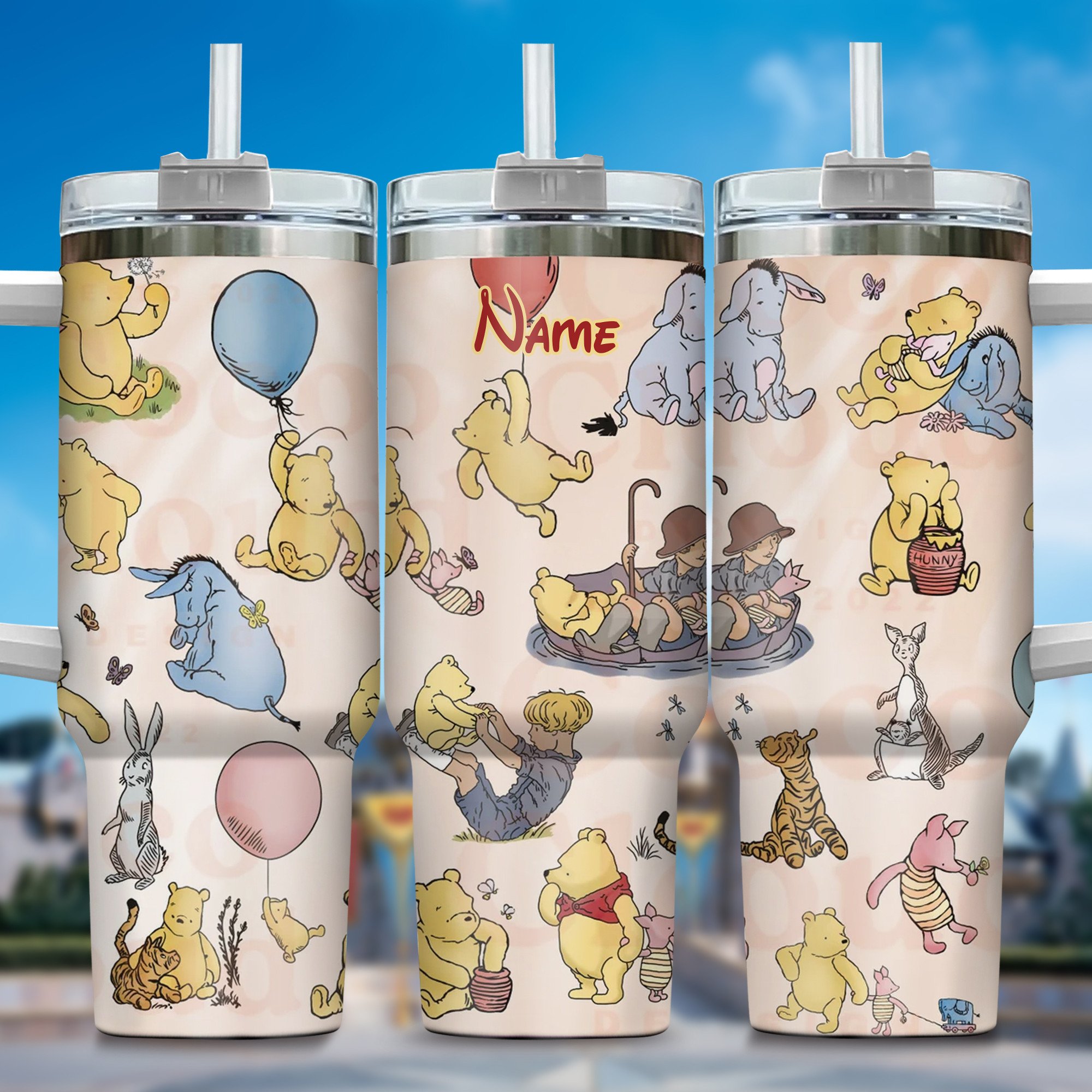Winnie The Pooh Cartoon Custom Stanley Quencher 40oz Stainless Steel Tumbler With Handle