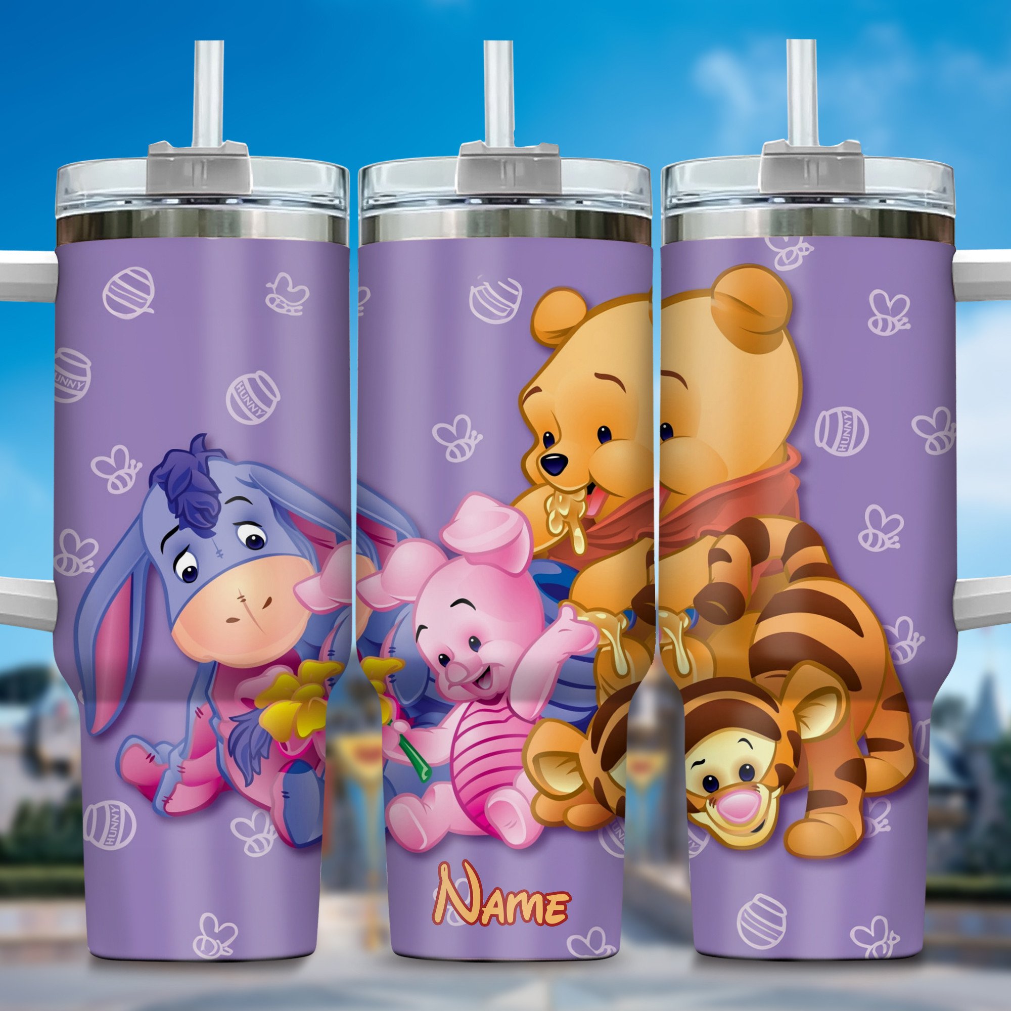 Winnie The Pooh Cartoon Custom Stanley Quencher 40oz Stainless Steel Tumbler With Handle