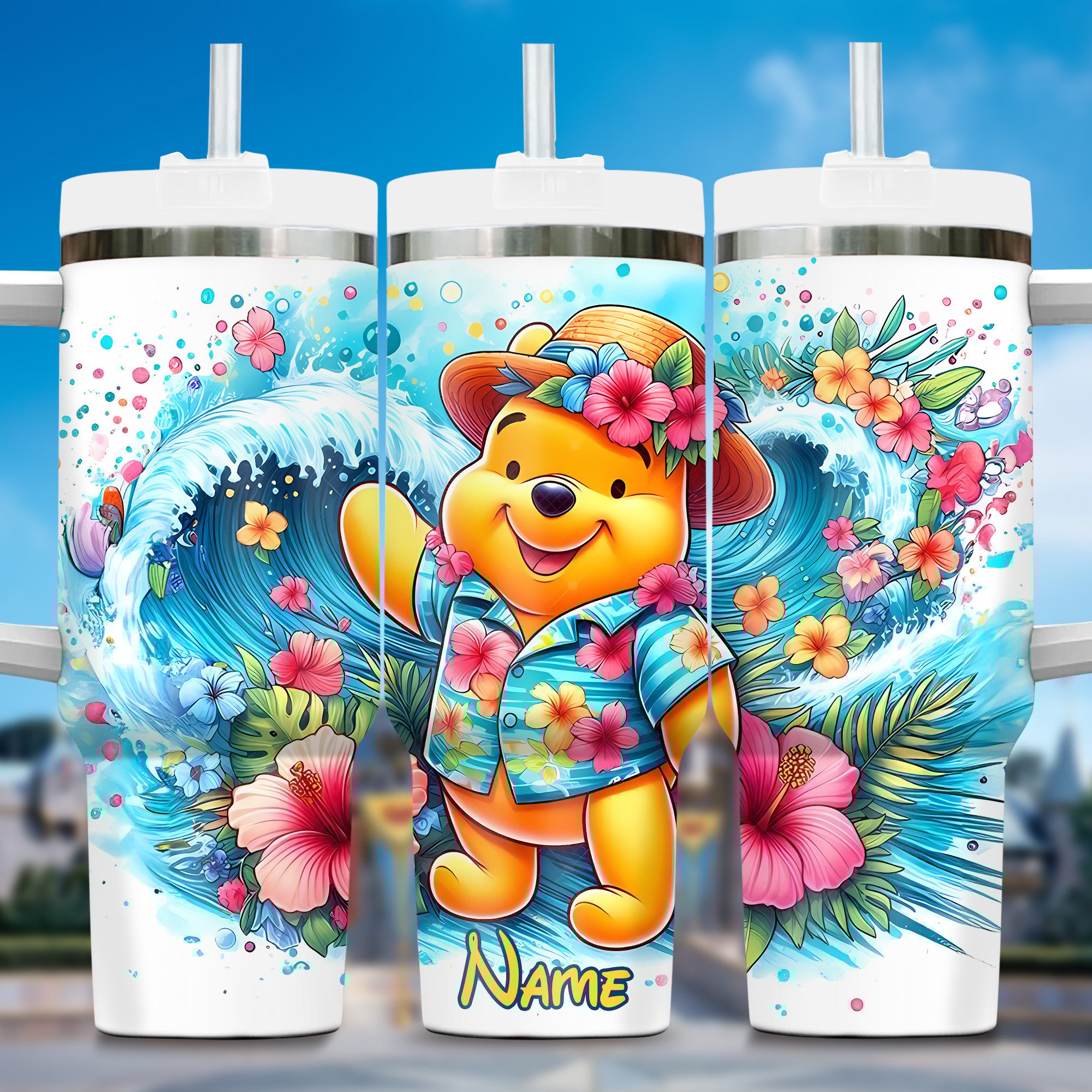Winnie The Pooh Cartoon Custom Stanley Quencher 40oz Stainless Steel Tumbler With Handle
