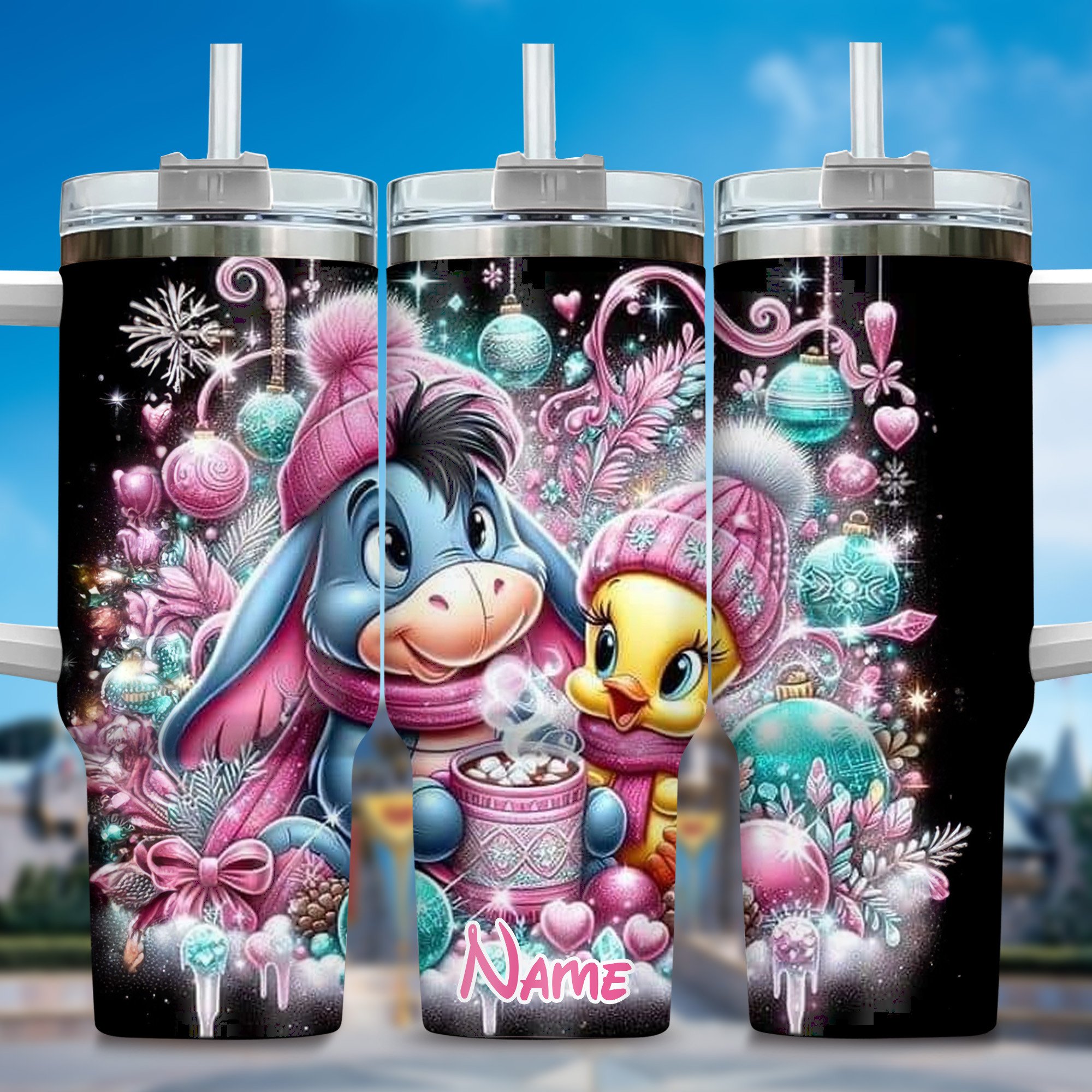 Winnie The Pooh Cartoon Custom Stanley Quencher 40oz Stainless Steel Tumbler With Handle
