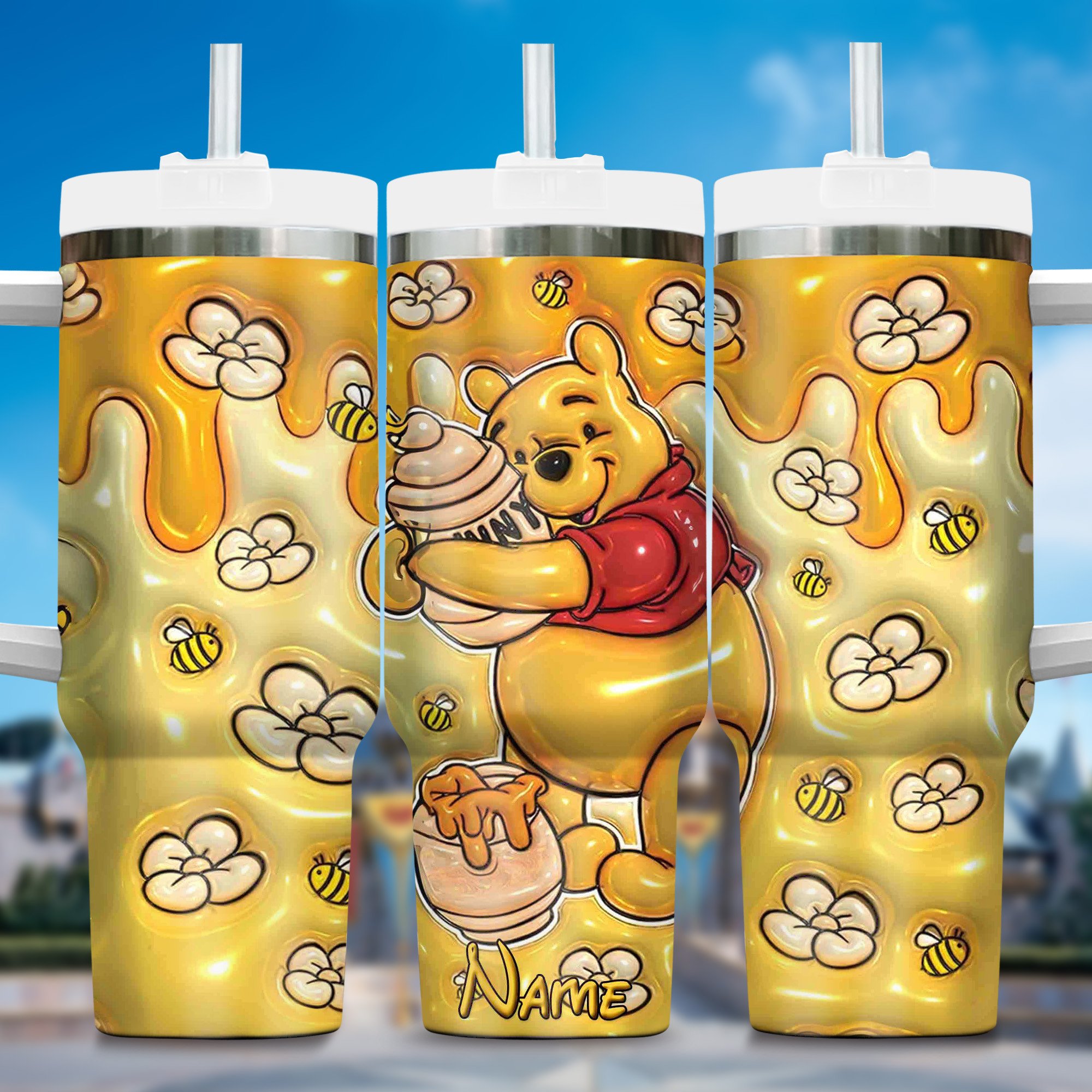 Winnie the Pooh Cartoon Custom Stanley Quencher 40oz Stainless Steel Tumbler With Handle