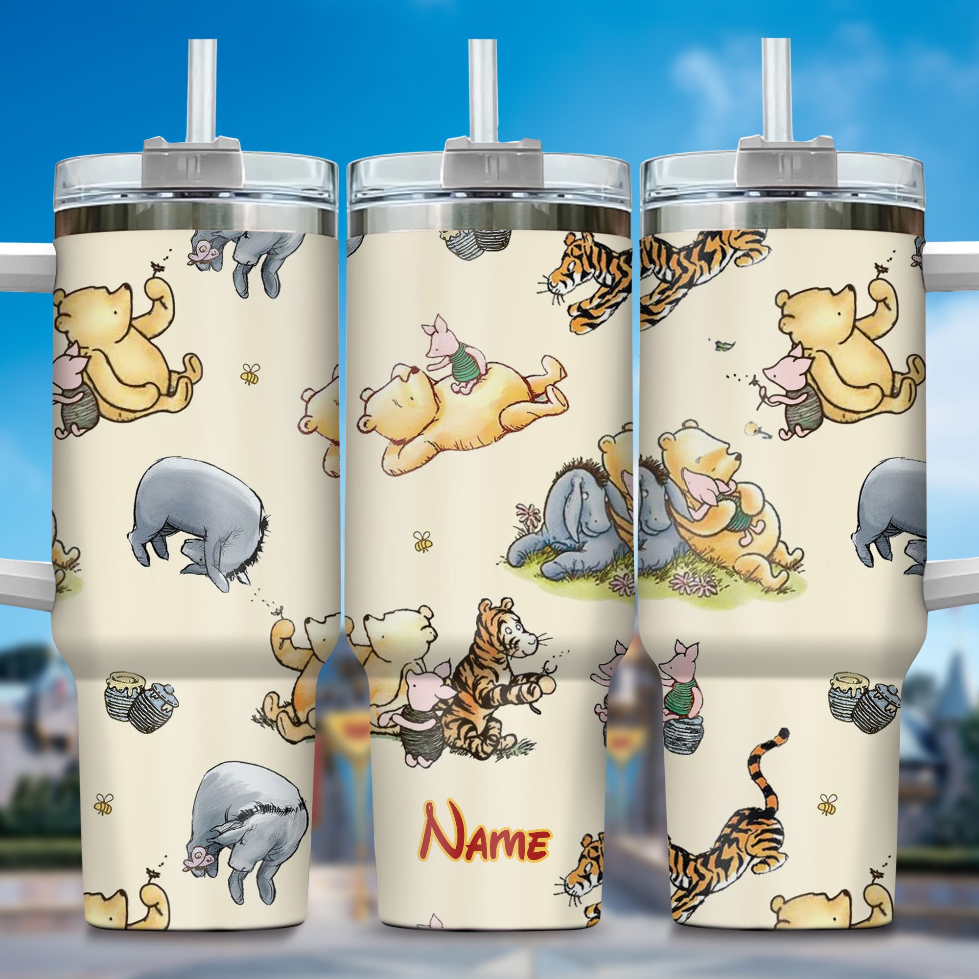 Winnie The Pooh Cartoon Custom Stanley Quencher 40oz Stainless Steel Tumbler With Handle