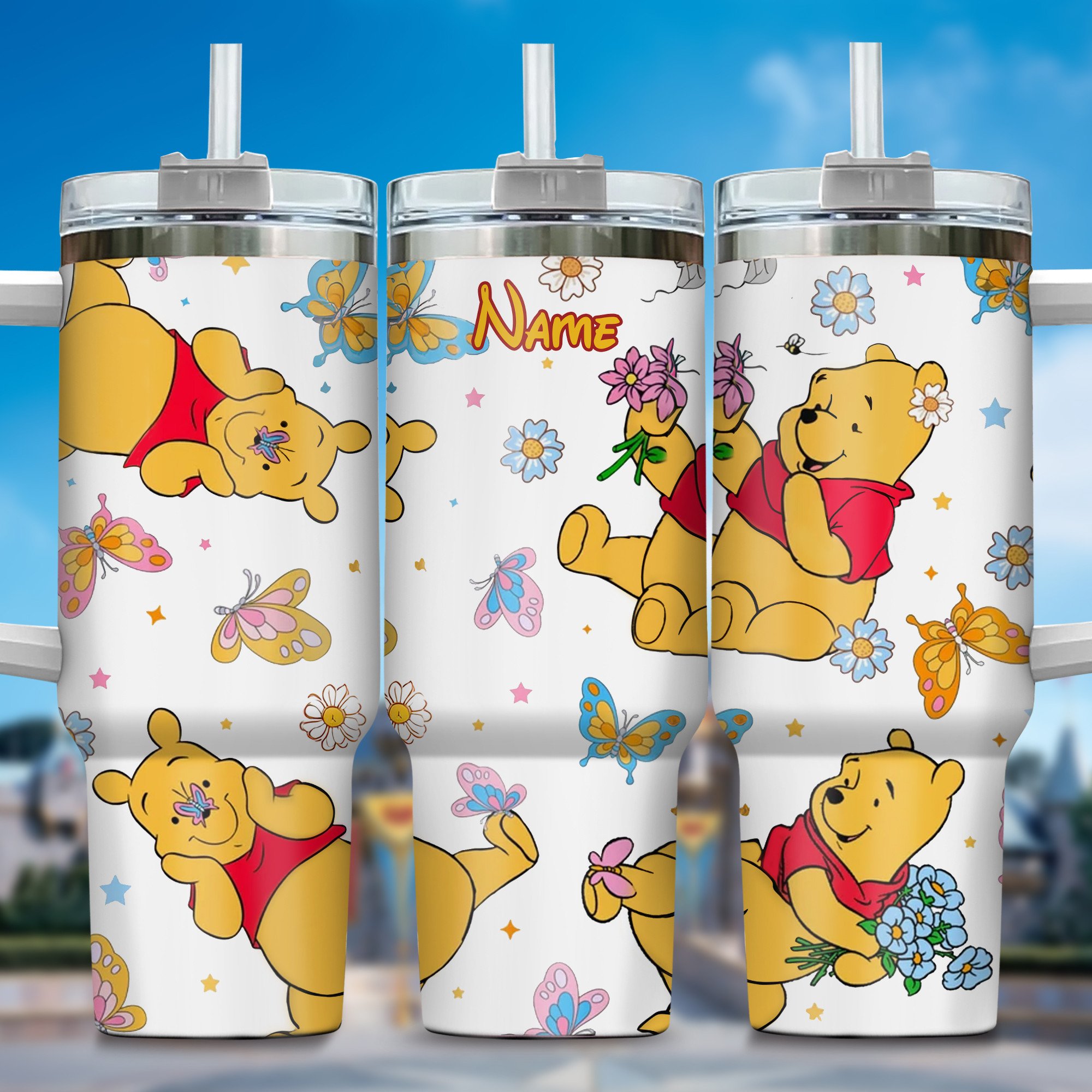 Winnie The Pooh Cartoon Custom Stanley Quencher 40oz Stainless Steel Tumbler With Handle