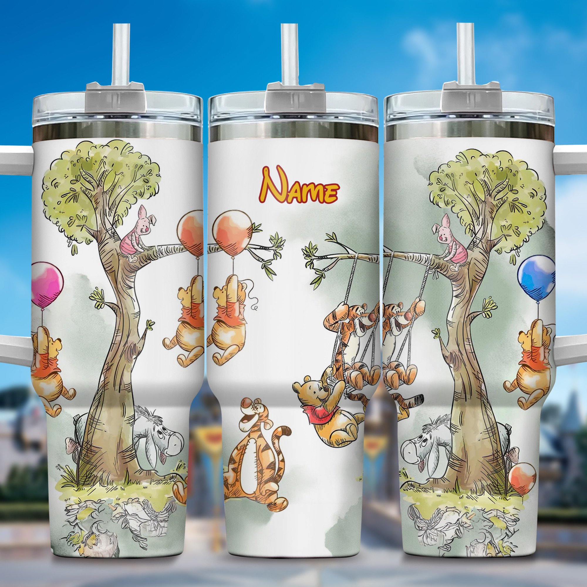 Winnie The Pooh Cartoon Custom Stanley Quencher 40oz Stainless Steel Tumbler With Handle