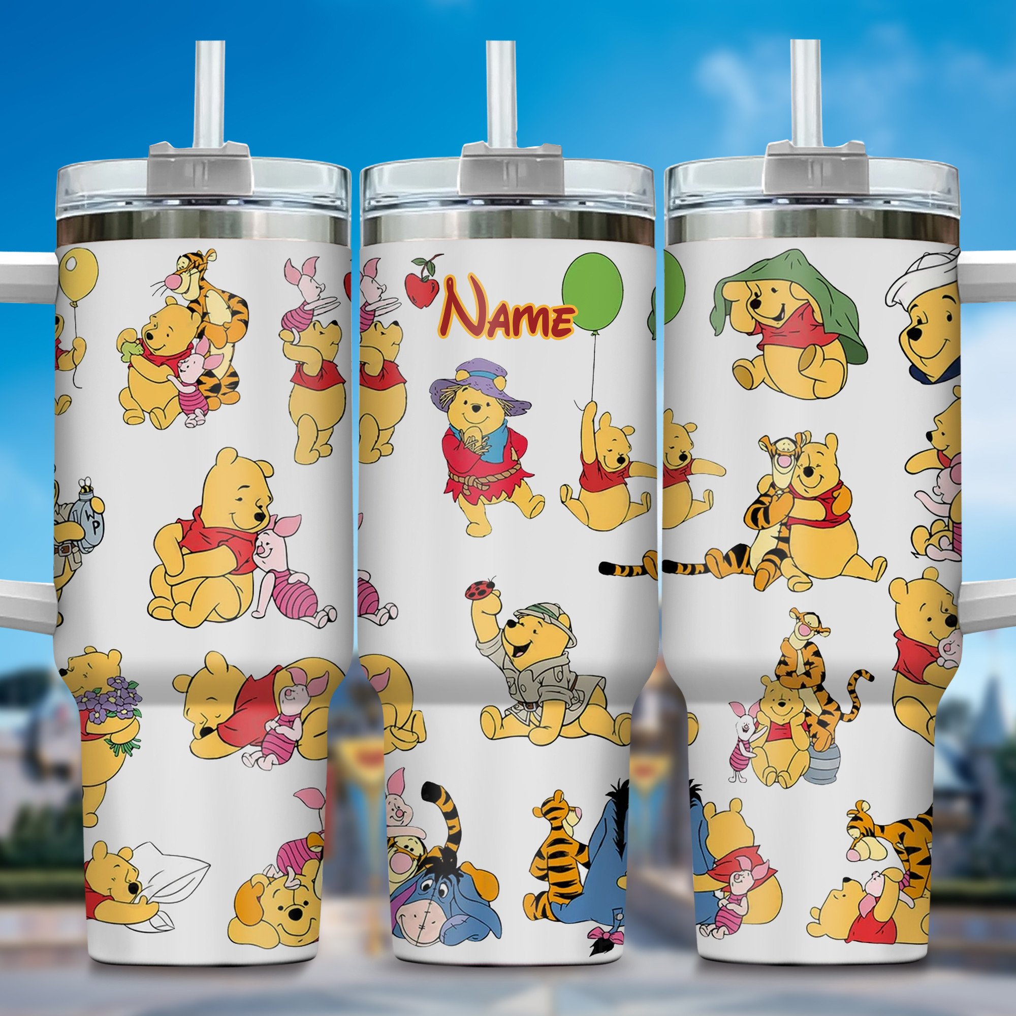 Winnie The Pooh Cartoon Custom Stanley Quencher 40oz Stainless Steel Tumbler With Handle