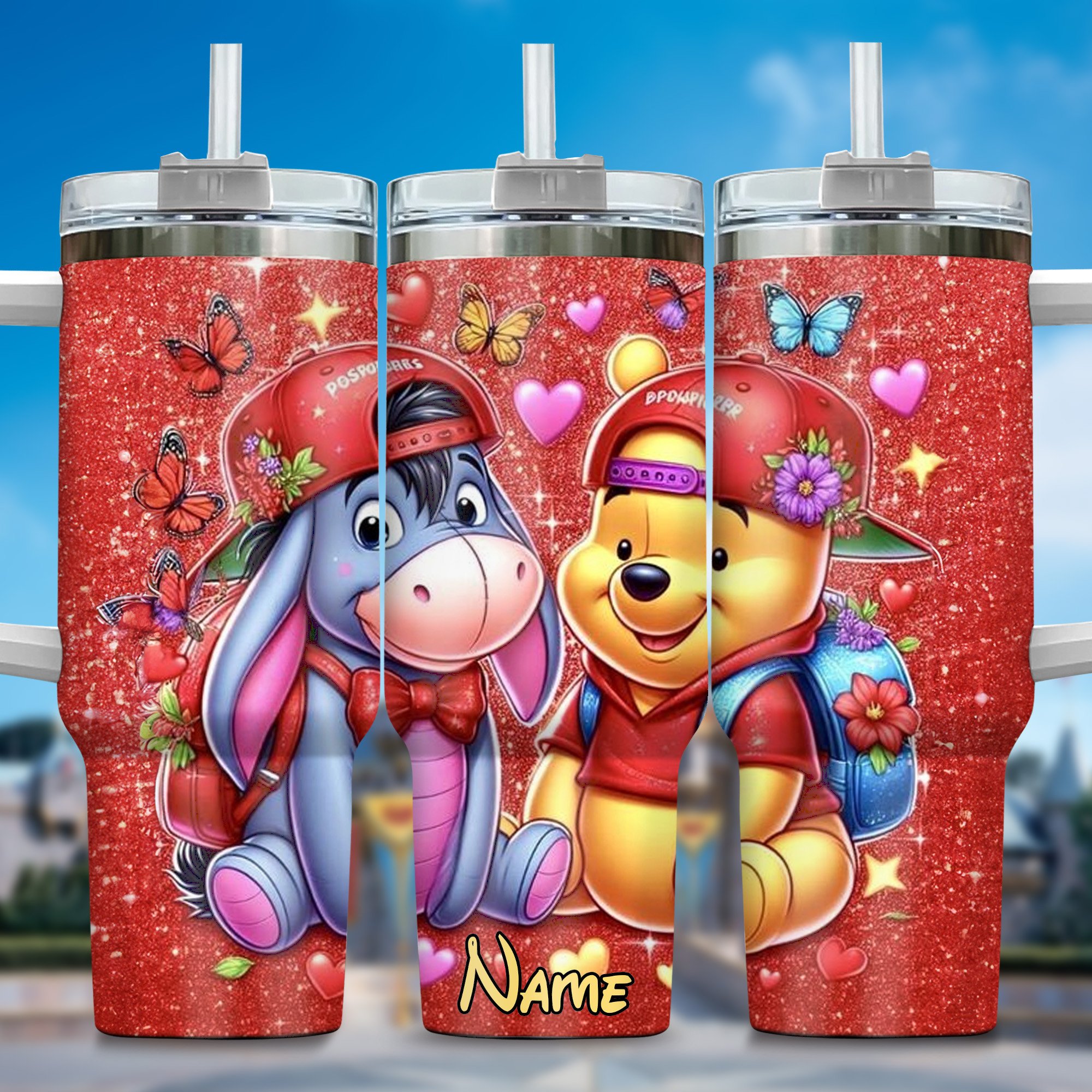 Winnie The Pooh Cartoon Custom Stanley Quencher 40oz Stainless Steel Tumbler With Handle