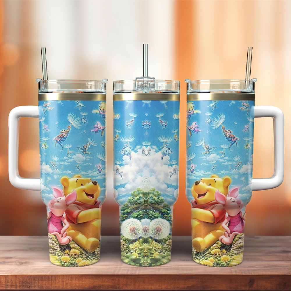 Winnie The Pooh Cartoon Custom Stanley Quencher 40oz Stainless Steel Tumbler With Handle