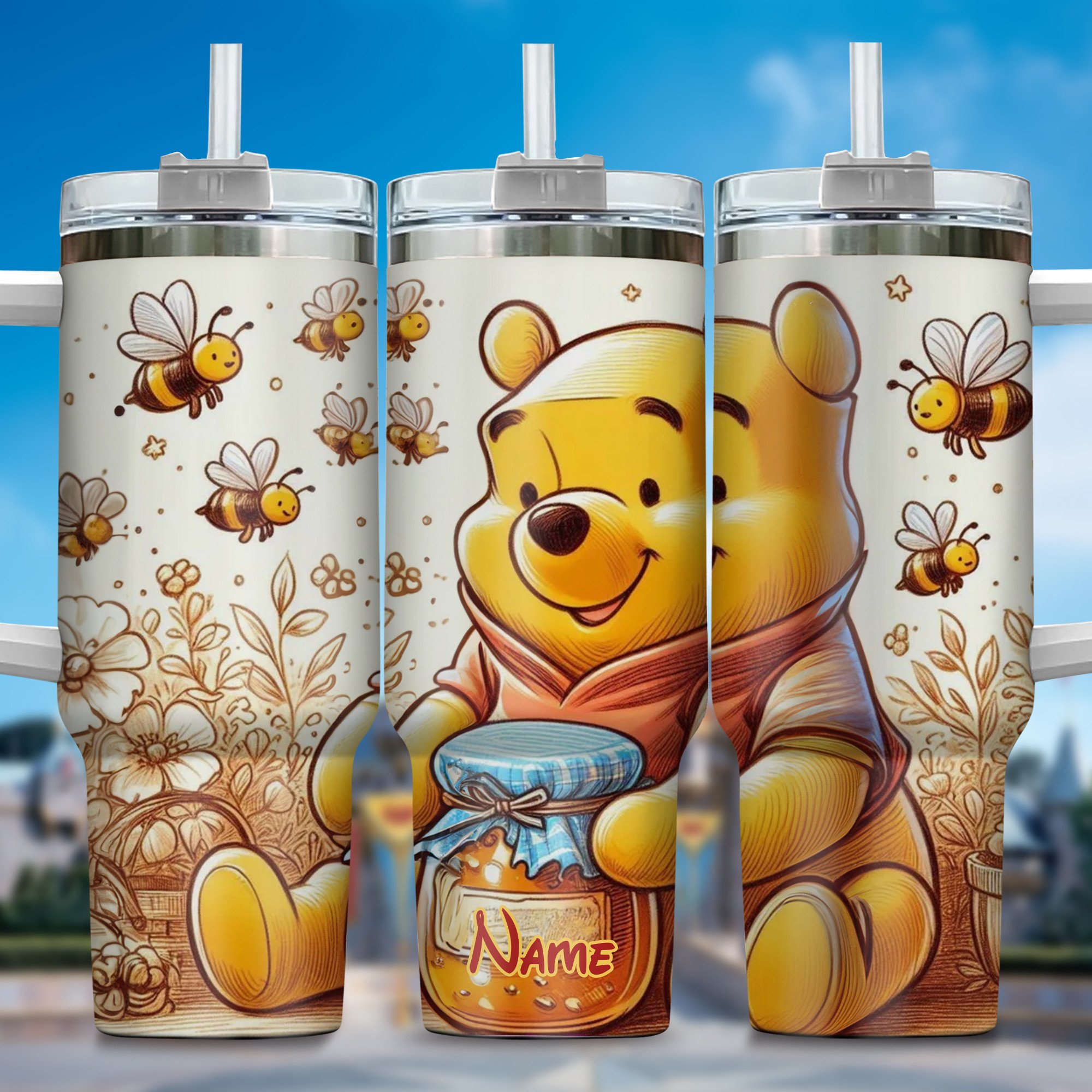 Winnie The Pooh Cartoon Custom Stanley Quencher 40oz Stainless Steel Tumbler With Handle