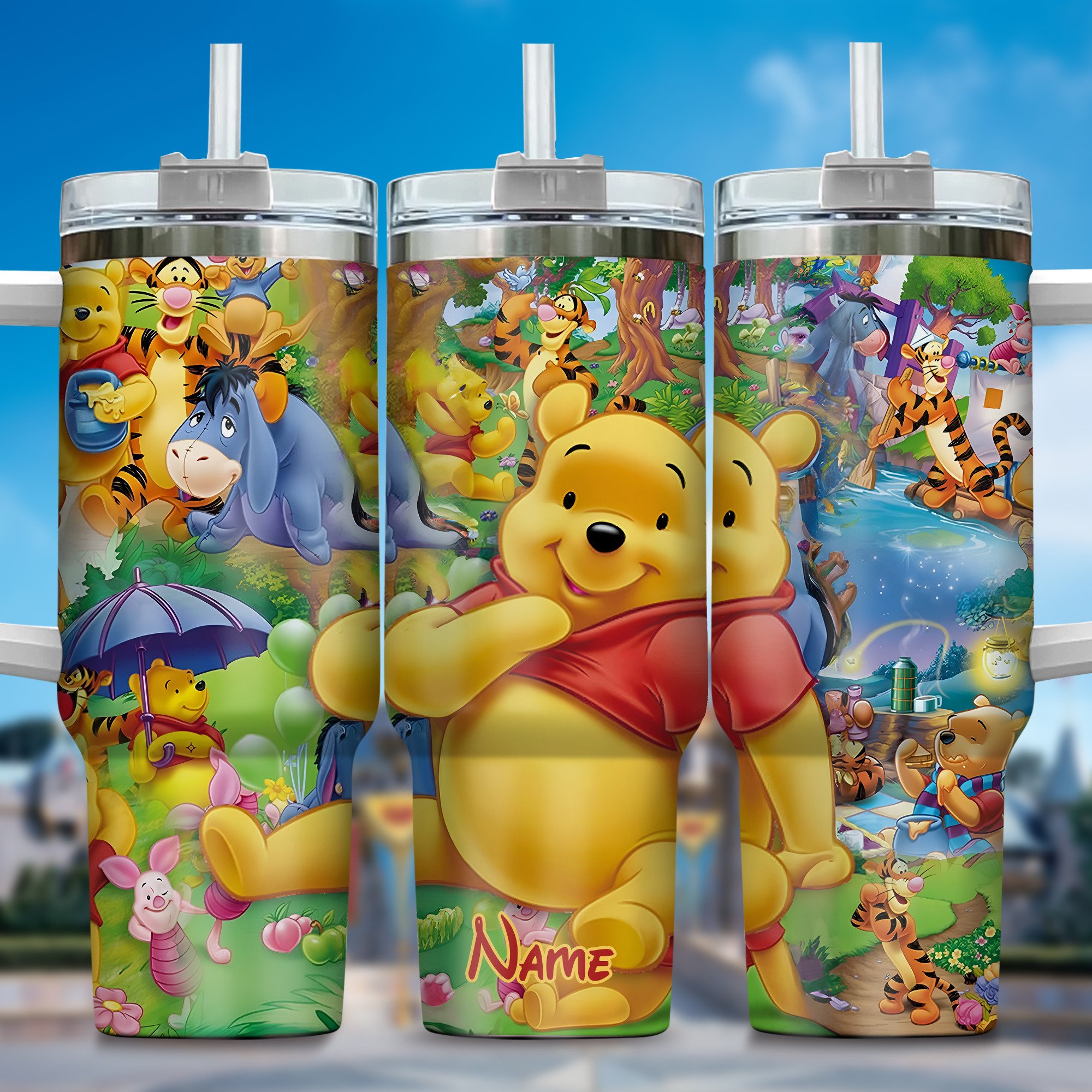 Winnie The Pooh Cartoon Custom Stanley Quencher 40oz Stainless Steel Tumbler With Handle