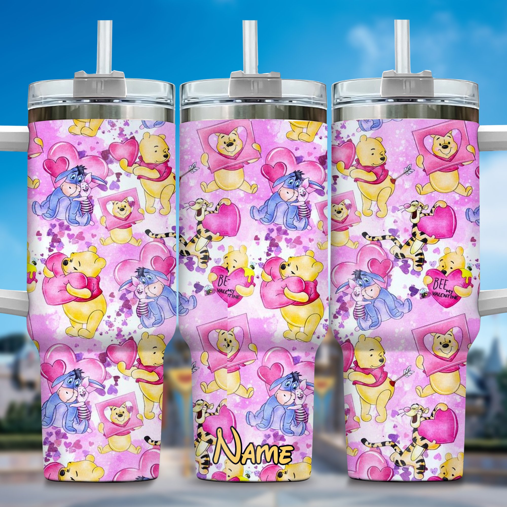 Winnie The Pooh Cartoon Custom Stanley Quencher 40oz Stainless Steel Tumbler With Handle