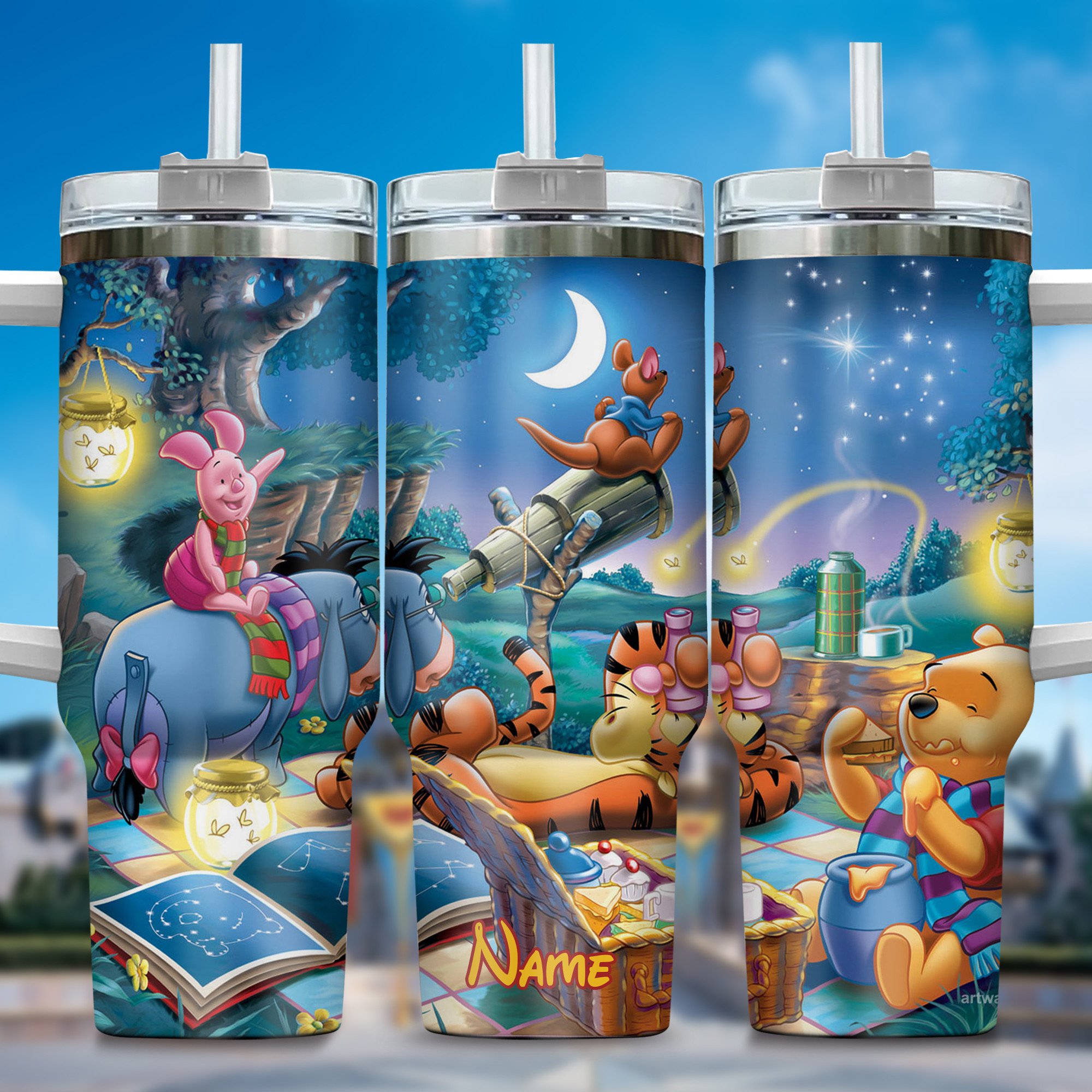 Winnie The Pooh Cartoon Custom Stanley Quencher 40oz Stainless Steel Tumbler With Handle