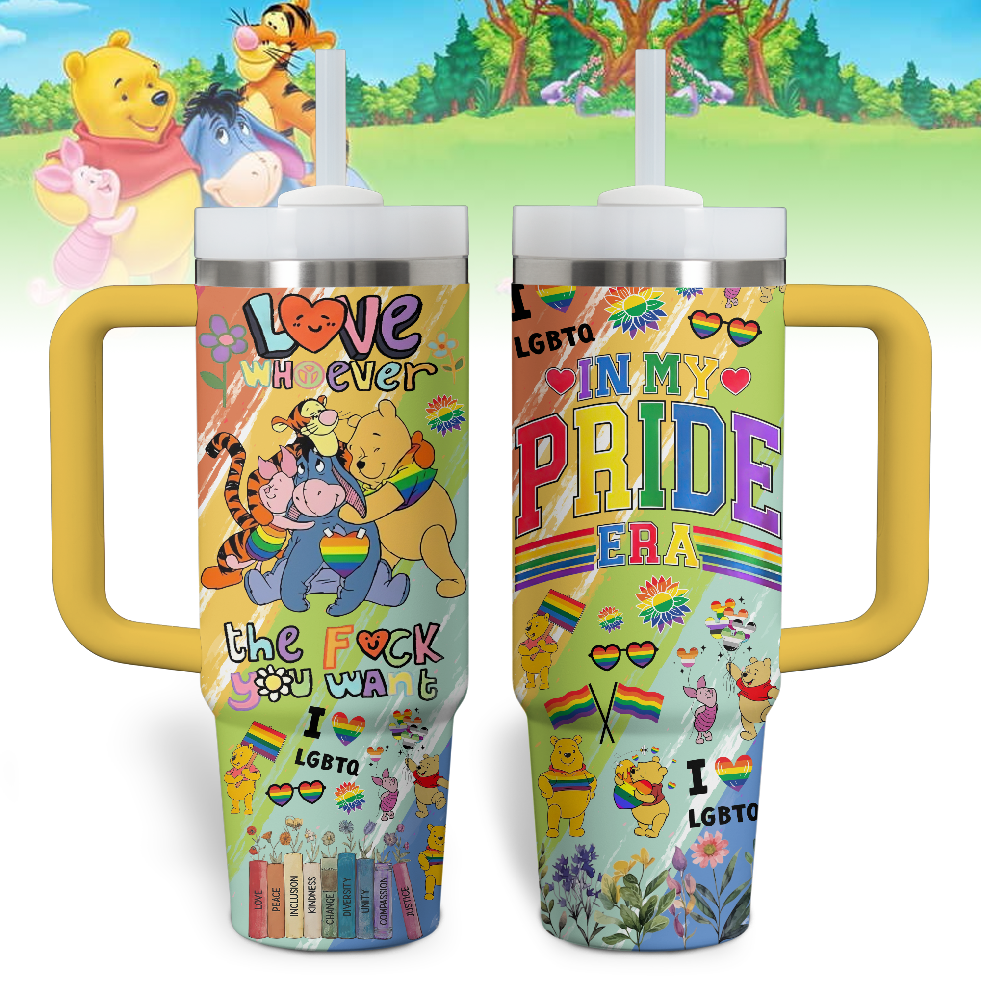 Winnie The Pooh Cartoon Custom Stanley Quencher 40oz Stainless Steel Tumbler With Handle