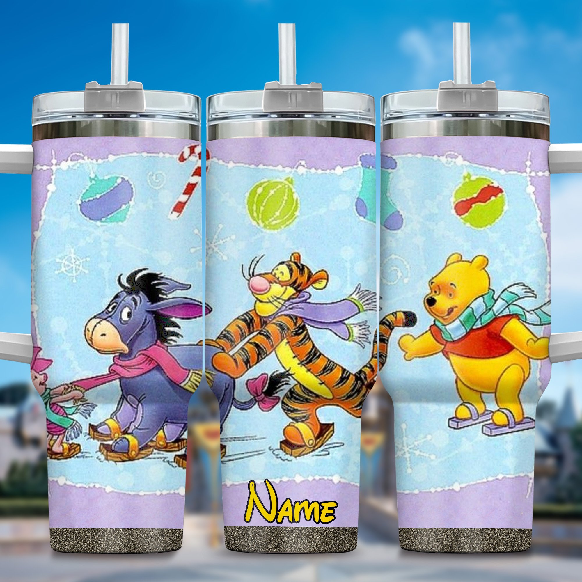 Winnie The Pooh Cartoon Custom Stanley Quencher 40oz Stainless Steel Tumbler With Handle