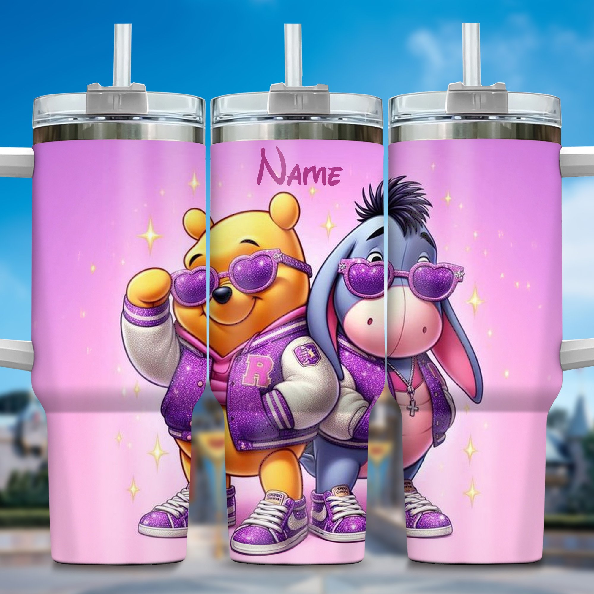 Winnie The Pooh Cartoon Custom Stanley Quencher 40oz Stainless Steel Tumbler With Handle