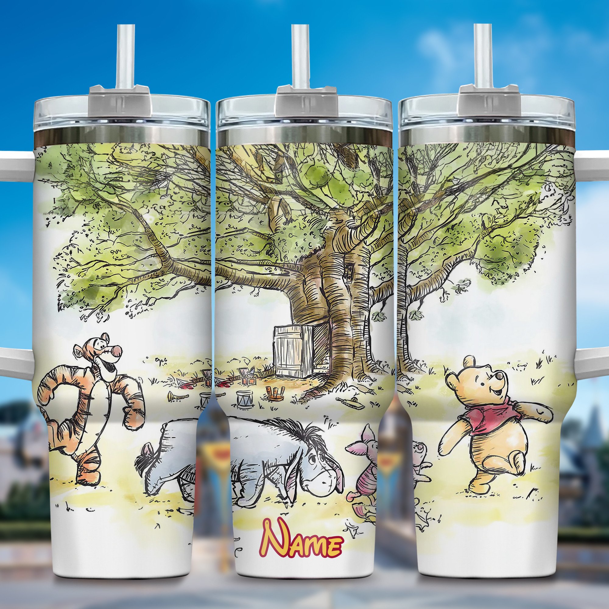 Winnie The Pooh Cartoon Custom Stanley Quencher 40oz Stainless Steel Tumbler With Handle