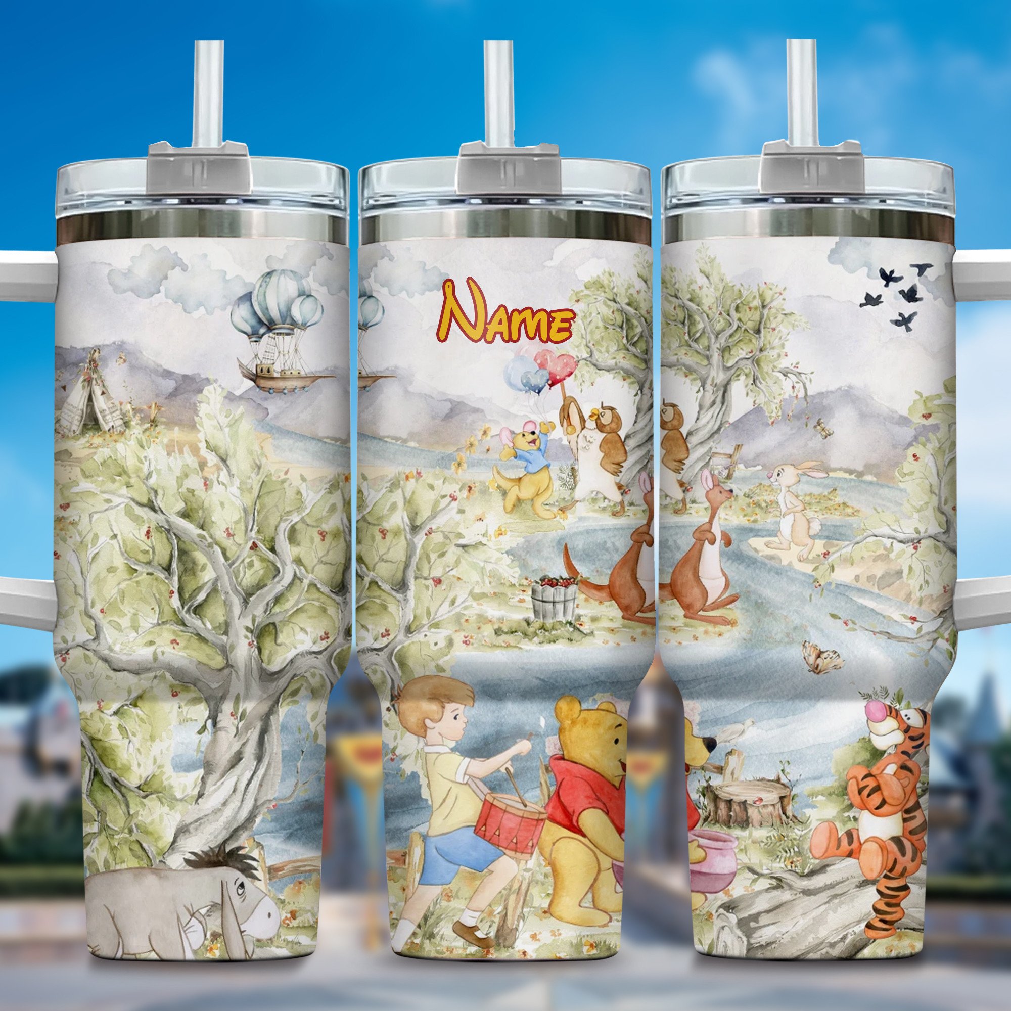 Winnie The Pooh Cartoon Custom Stanley Quencher 40oz Stainless Steel Tumbler With Handle