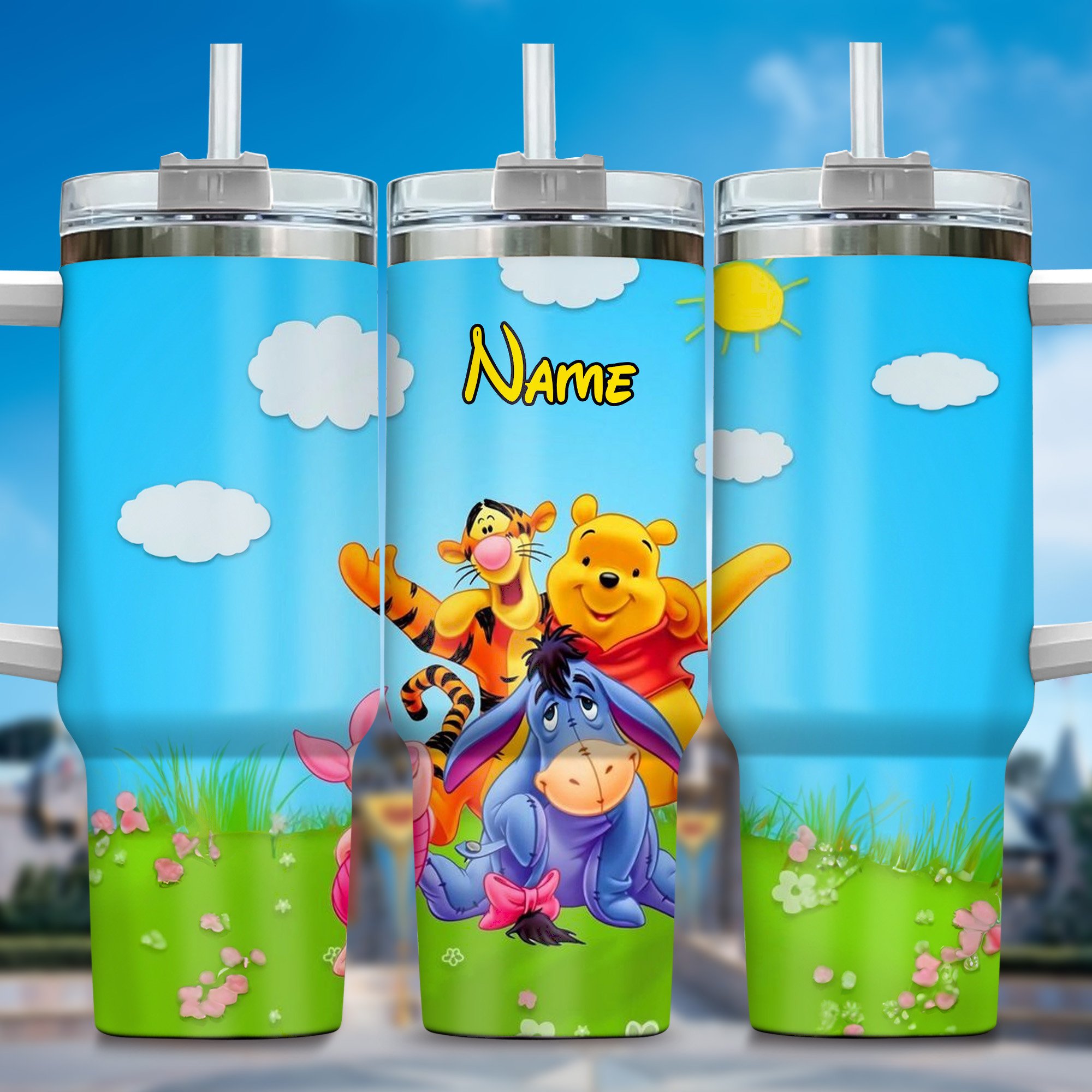 Winnie The Pooh Cartoon Custom Stanley Quencher 40oz Stainless Steel Tumbler With Handle