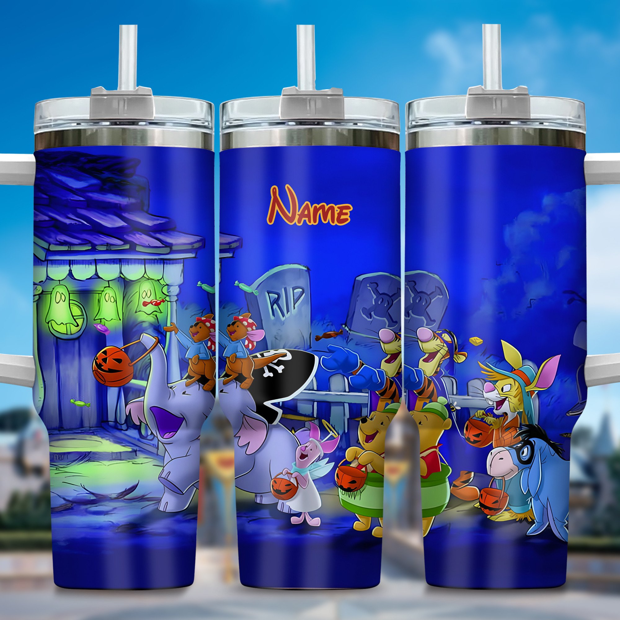 Winnie The Pooh Cartoon Custom Stanley Quencher 40oz Stainless Steel Tumbler With Handle