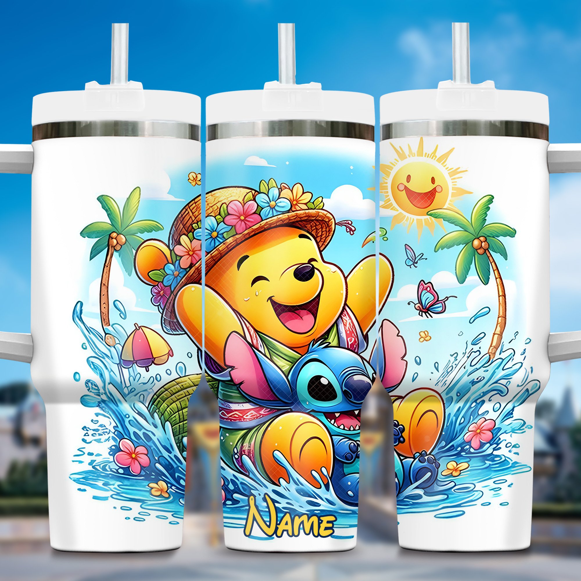 Winnie The Pooh Cartoon Custom Stanley Quencher 40oz Stainless Steel Tumbler With Handle