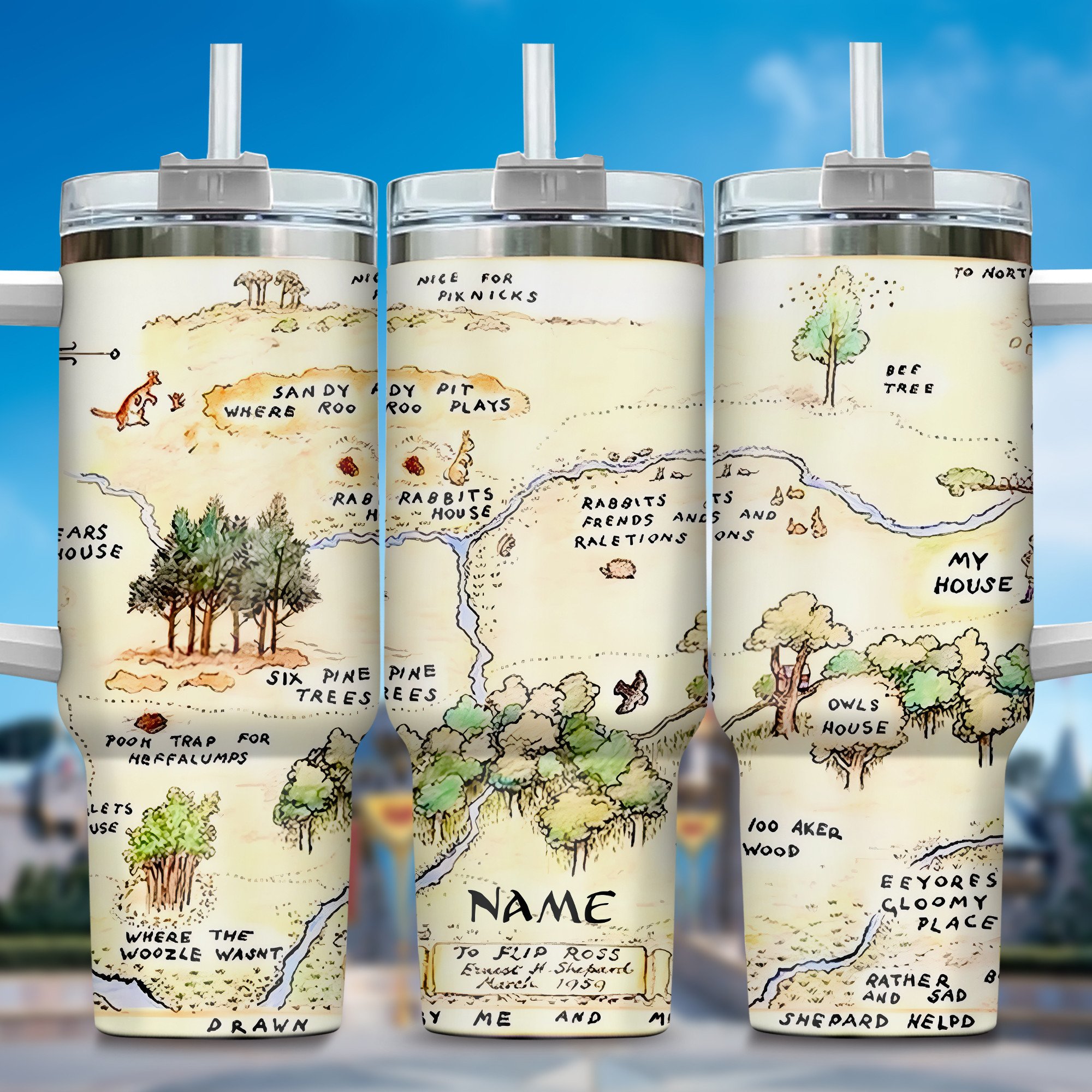 Winnie The Pooh Cartoon Custom Stanley Quencher 40oz Stainless Steel Tumbler With Handle