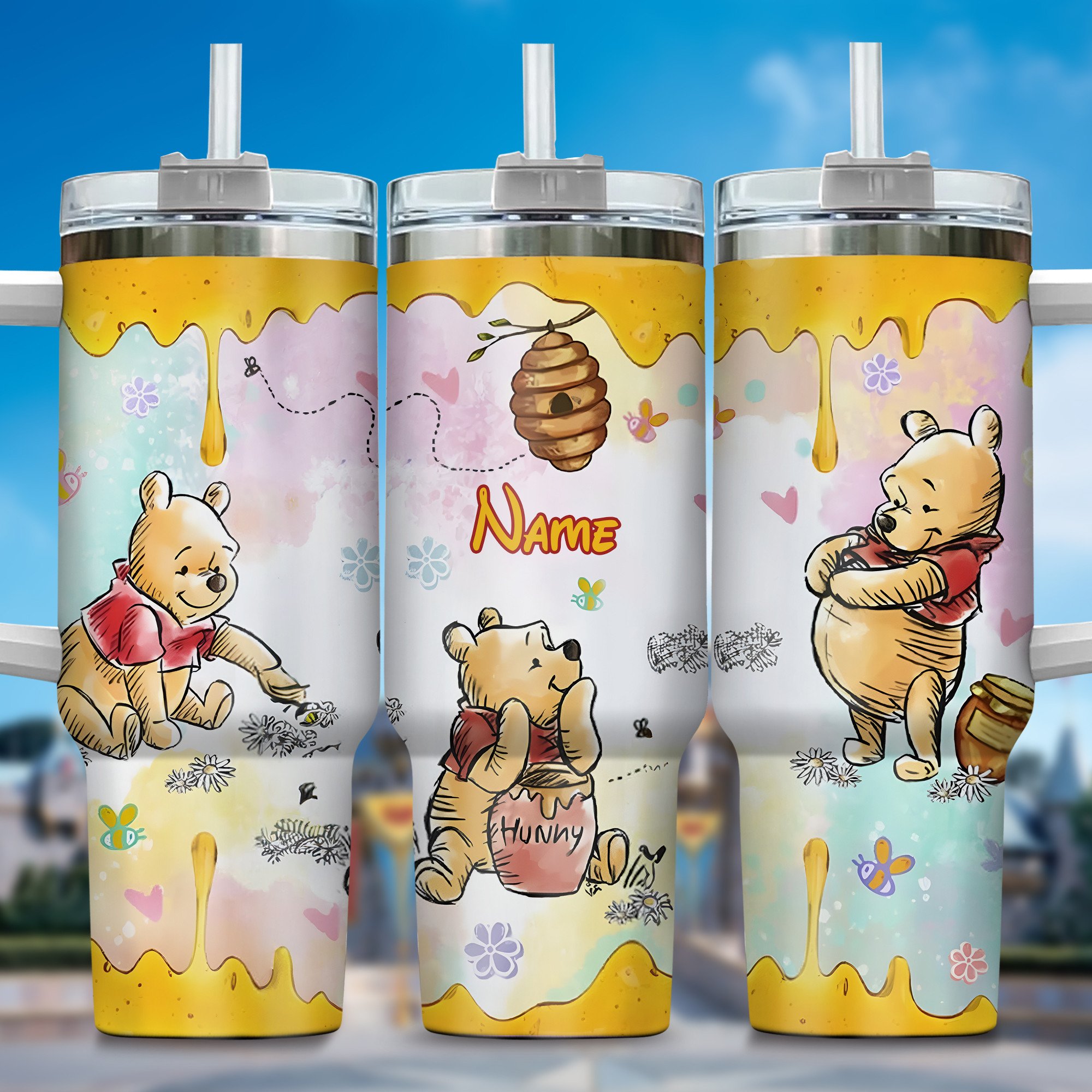 Winnie The Pooh Cartoon Custom Stanley Quencher 40oz Stainless Steel Tumbler With Handle