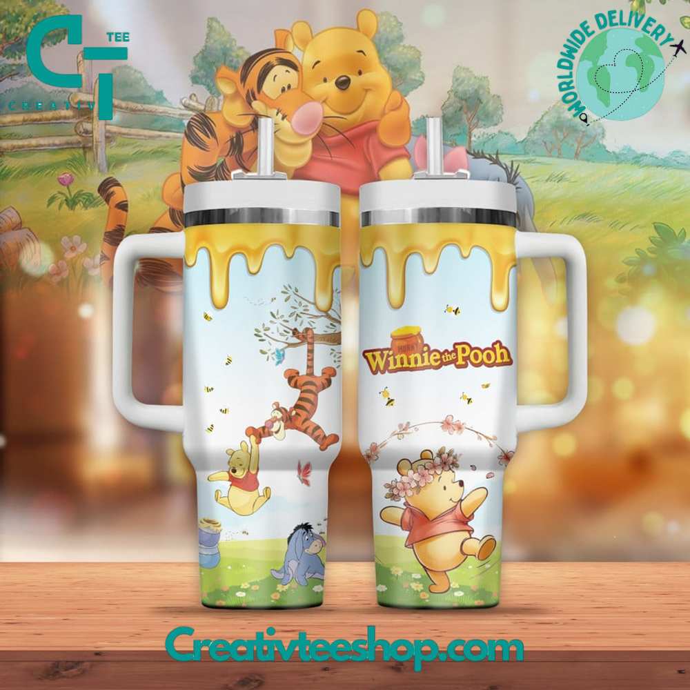 Winnie the Pooh Cartoon Custom Stanley Quencher 40oz Stainless Steel Tumbler With Handle