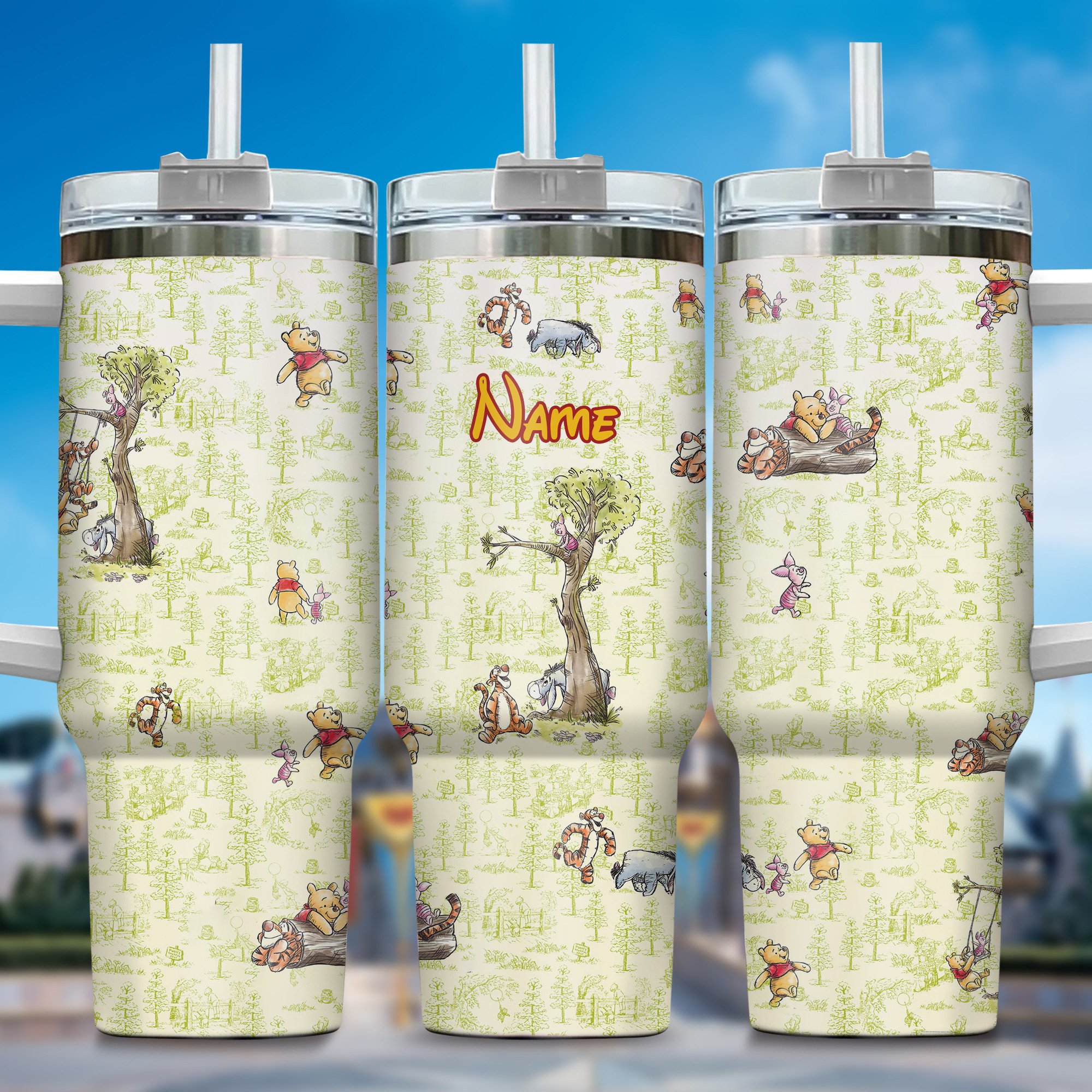 Winnie The Pooh Cartoon Custom Stanley Quencher 40oz Stainless Steel Tumbler With Handle